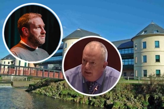 Cllrs Paul Miller, Jon Harvey, backdrop County Hall Pembrokeshire