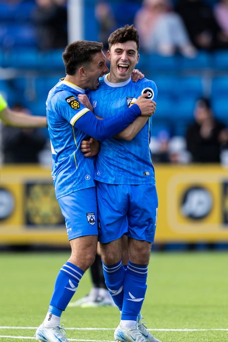 HAVERFORDWEST, WALES - 4TH OCTOBER 2025: 
Daniel Hawkins of Haverfordwest County celebrates scoring his sides second goal.
Haverfordwest County v Flint Town United in the JD Cymru Premier at Bridge Meadow Stadium on the 4th October 2025. (Pic by Lewis Mitchell/FAW)