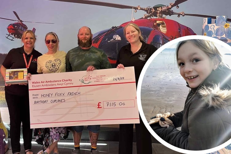 Jessica and Alan presenting the cheque. Inset: Honey Foxx-French