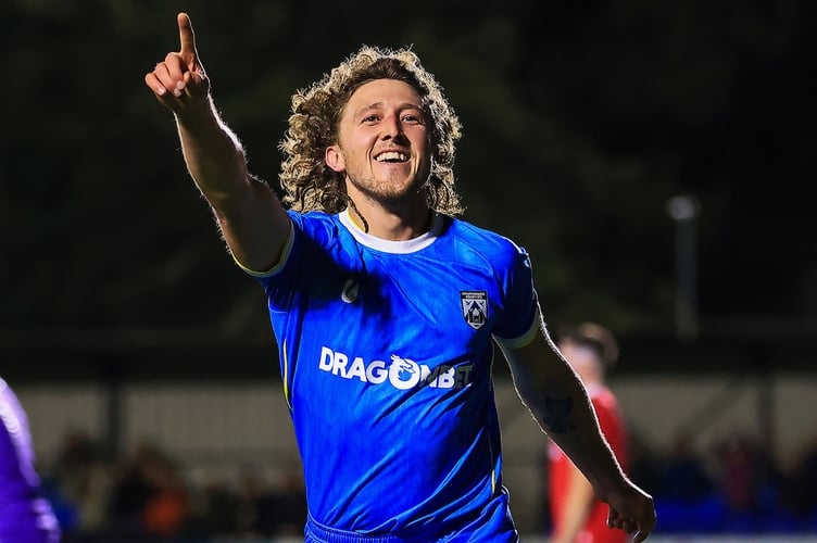 Haverfordwest, WALES - 10th OCTOBER 2025: Greg Walters of Haverfordwest County celebrates after scoring during the 2025/26 JD Cymru Premier league fixture between Haverfordwest County and Bala Town at Ogi Bridge Meadow Stadium, Haverfordwest, Wales.  (Pic by Geraint Nicholas/FAW)