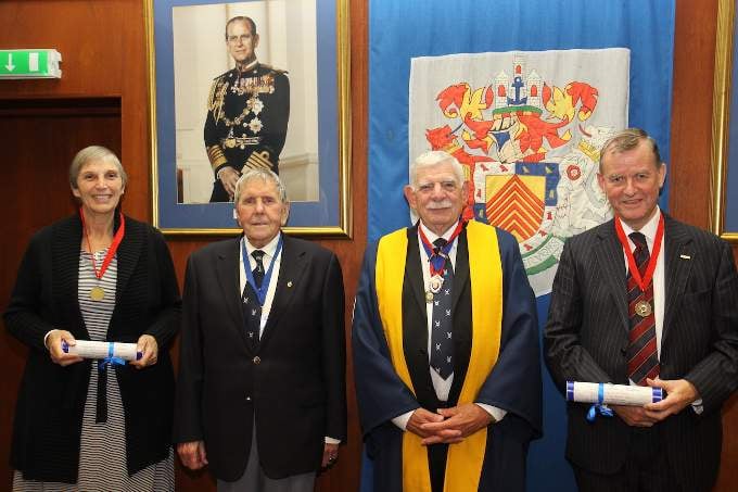 Mr Roy Folland (second from left) retired as Master in 2021 after 30 years in the role, handing over to Cllr Aden Brinn (second from right). Also shows incoming burgesses Lyn Edwards and Ian Jones (AGM, October 28, 2021)