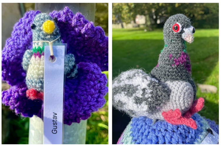 ‘Gustav and Winkie’ - two adorable knitted carrier pigeons, named in honour of two real pigeons who were awarded the Dickin Medal for their service during the Second World War.