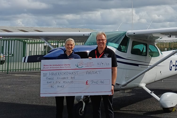 One of Haverfordwest Airport’s Directors Charlotte Rees with Mike May, Wales Air Ambulance Regional Fundraising Manager for Carmarthenshire and Pembrokeshire