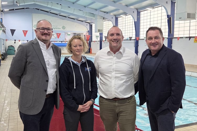 Cllr Marc Tierney (Cabinet Member for Young People, Community, Wellbeing and Future Generations), Mel Morgan (School Swimming Teacher), Gary Nicholas (Leisure Services Manager) & Matthew Evans (CEO of Long Course Weekend). 