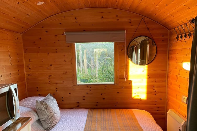 Inside the shepherd’s hut at Oaklea
