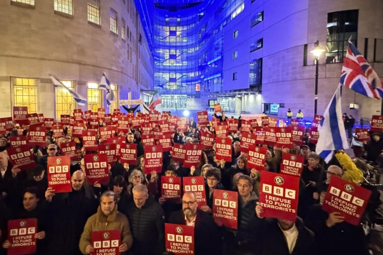 Protest outside Broadcasting House following the BBC’s admission of ‘serious flaws’ relating to the programme, ‘Gaza: How to Survive a Warzone,’ and confirmation that licence fee payers’ money was handed to the family of a senior Hamas official