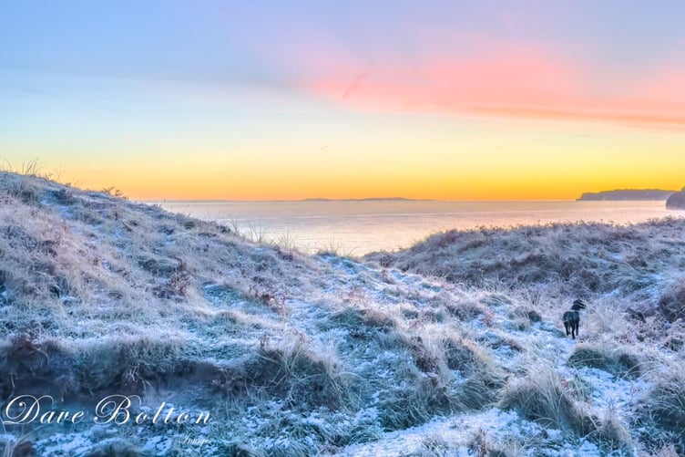 The Burrows, Tenby, dusted with snow, with views towards Worm’s Head