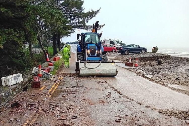 Roads at Amroth and Wisemans Bridge has to be cleared on Sundy by Pembrokeshire County Council staff, after being partially blocked due to debris washing onto the road following the high tide.