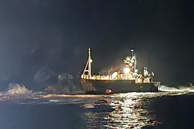 Fishguard RNLI lifeboat crews raced into action during the early hours of the morning to save four individuals from a 24m guard vessel stranded during a stormy night.
