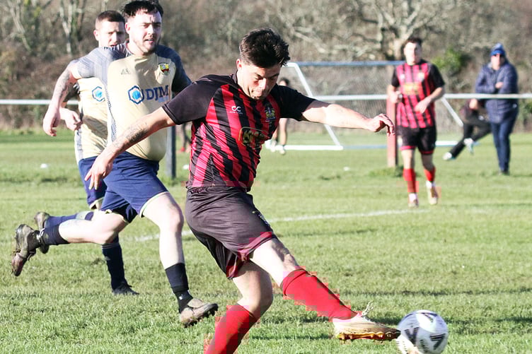 Jake Hipkiss fires home the second goal for Tenby