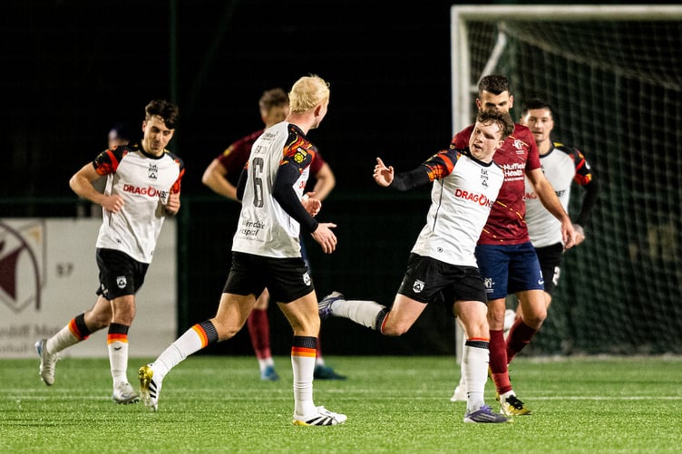 CARDIFF, WALES - 23RD JANUARY 2026:
Rhys Abbruzzese of Haverfordwest County celebrates scoring his sides first goal.
Cardiff Met v Haverfordwest County in the JD Cymru Premier at Cyncoed Campus on the 23rd January 2026. (Pic by Lewis Mitchell/FAW)