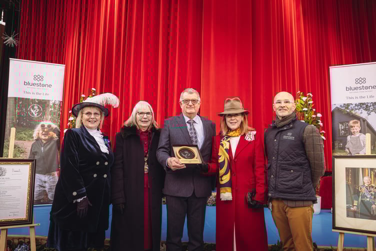Pictured at the presentation of the Kings Award for Enterprise to Bluestone National Park Resort: High Sheriff of Dyfed Ann Margaret Jones DL; Chairman of Pembrokeshire County Council Cllr Maureen Bowen; Bluestone CEO William McNamara; Lord-Lieutenant of Dyfed, Miss Sara Edwards and Marten Lewis, director of sustainability at Bluestone.