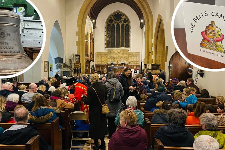 Service to welcome bells back to St Mary’s Pembroke. Insets: bell on lorry; artwork card by Stewart Pawley