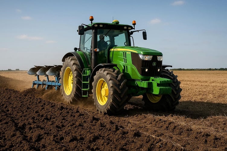 John Deere tractor ploughing field