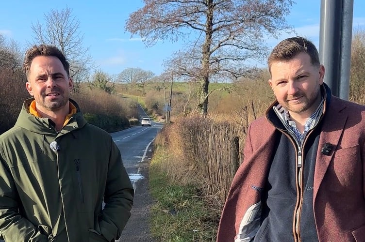 Cllr Rhys Jordan with local Senedd Member Samuel Kurtz at the flooding hotspot.