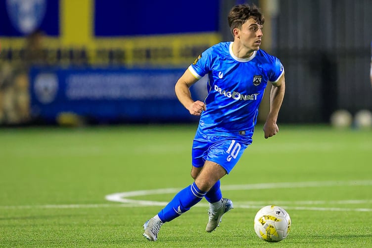 Haverfordwest, WALES - 10th OCTOBER 2025: Dan Hawkins of Haverfordwest County during the 2025/26 JD Cymru Premier league fixture between Haverfordwest County and Bala Town at Ogi Bridge Meadow Stadium, Haverfordwest, Wales. (Pic by Geraint Nicholas/FAW)