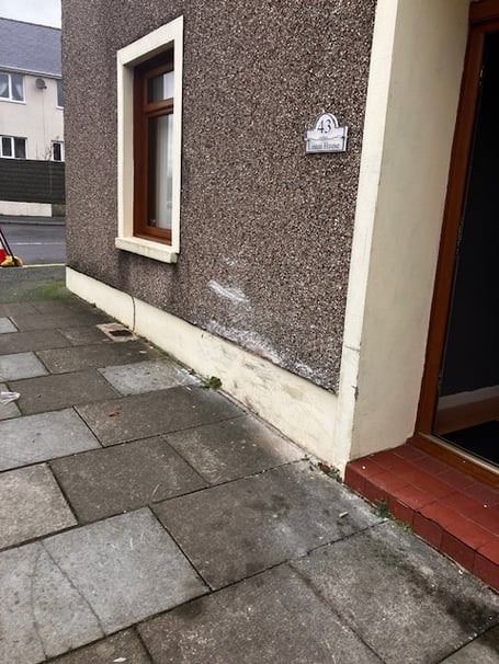 a speeding car mounted the pavement and smashed into the wall of No 43 coming to rest in the middle of the road. 