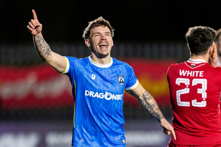 HAVERFORDWEST, WALES - 13TH FEBRUARY 2026:
Corey Shephard of Haverfordwest County celebrates scoring his sides third goal.
Haverfordwest County v Bala Town in the JD Cymru Premier at Bridge Meadow Stadium on the 13th February 2026. (Pic by Lewis Mitchell/FAW)
