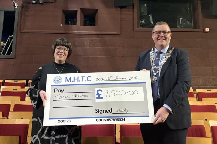 Chelsey Gillard, Interim CEO and Artistic Director at the Torch Theatre with the Mayor of Milford Haven Town Council, Cllr William Elliott