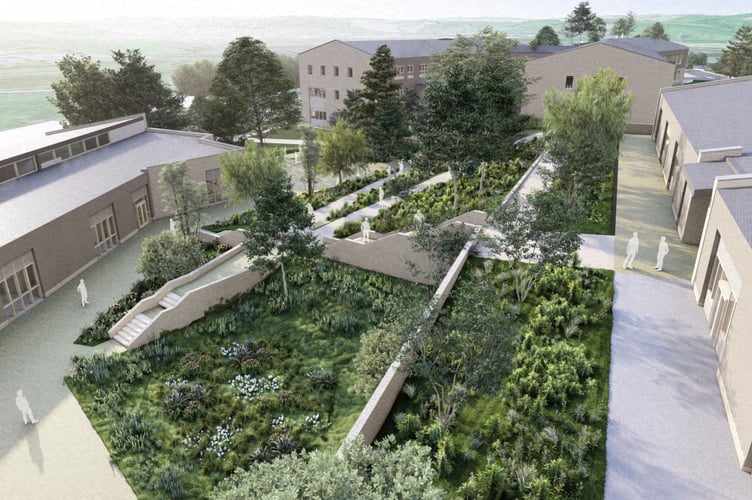 Artist's impression of the landscaped central area of an extended Coleg Sir Gar Pibwrlwyd Campus (image Sheppard Robson Architects and free for use) 