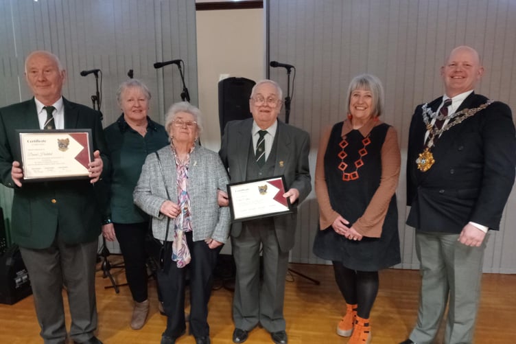 The six Pembroke and District Male Voice choristers who received long service certificates are pictured with Mr Clive Collins. Left to right: John Evans (15 years), Gerry Gommo (24), Des Edwards (25), Mr Collins, Ron Rees (37), John Hillier (31) and David Halsted (50).