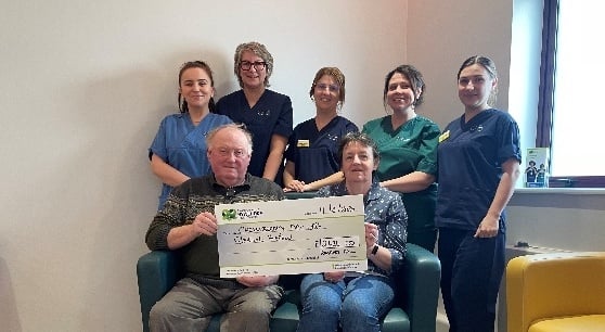 Staff from the Glangwili Chemo Unit with Cllr Tyssul Evans and Susan Childs.