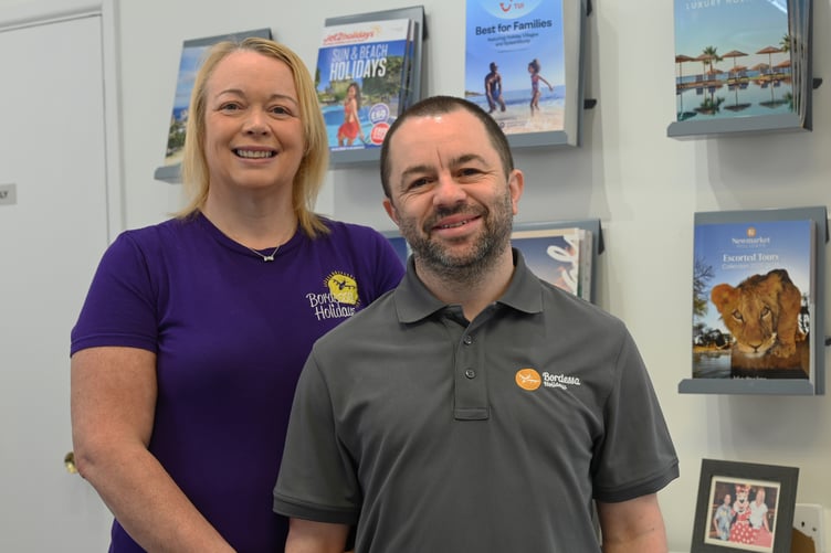 Mair Jones and partner Chris Bordessa at the new Tenby branch of Bordessa holidays