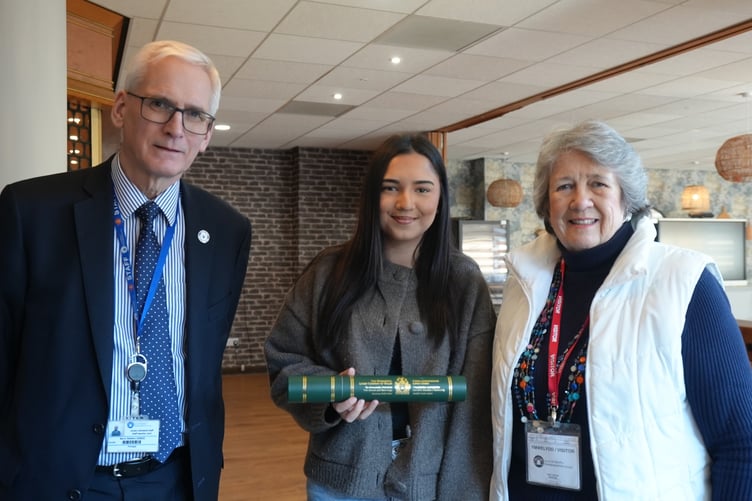 Learner Eleanor Edwards with Sylvia Robert‑Sargeant and Principal Dr Barry Walters