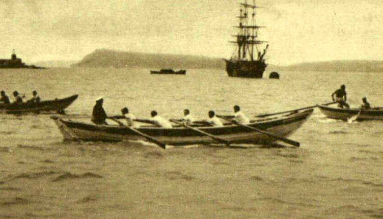 Powering through: Gregory Peck (standing far left) looks on aghast as Fishguard Sea Cadets (centre) put in a powerful surge on the way to victory (Image: British Newspaper Library). 