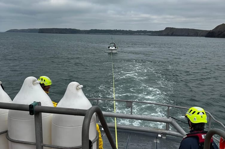 Tenby RNLI’s all-weather lifeboat was requested to launch just after 10am on Friday, May 1, after the occupants of a 21ft pleasure boat reported they had suffered engine failure between Lydstep and Giltar.