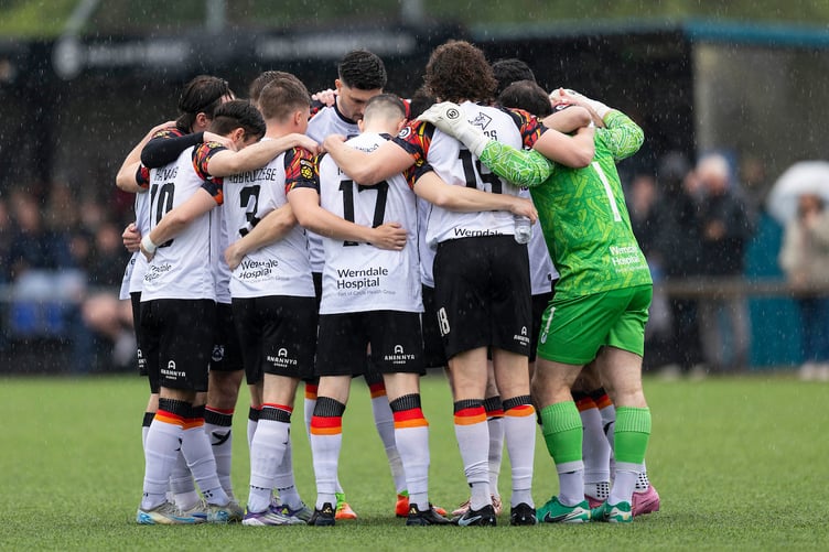 BRIDGEND, WALES - 2 MAY 2026: Haverfordwest County huddle during the 2025/26 JD Cymru Premier European Play Off Final between Penybont & Haverfordwest County at the DragonBet Stadium, Bridgend, Wales. (Pic by Lewis Mitchell/FAW)