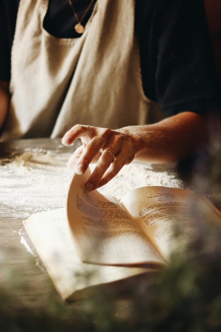 Recipe book, flour, baking