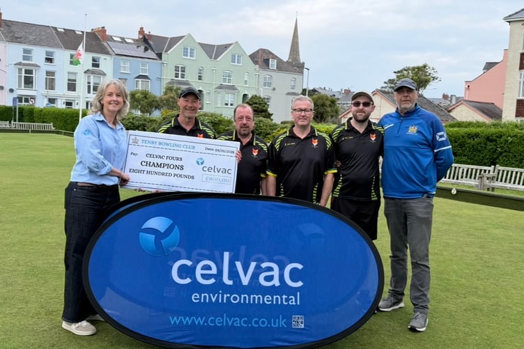 Claire Gottwaltz (managing director, Celtic Vacuum Ltd) with winners John, Mike, Peter and Camo, joined by Tenby Bowling Club president, Andrew Muskett