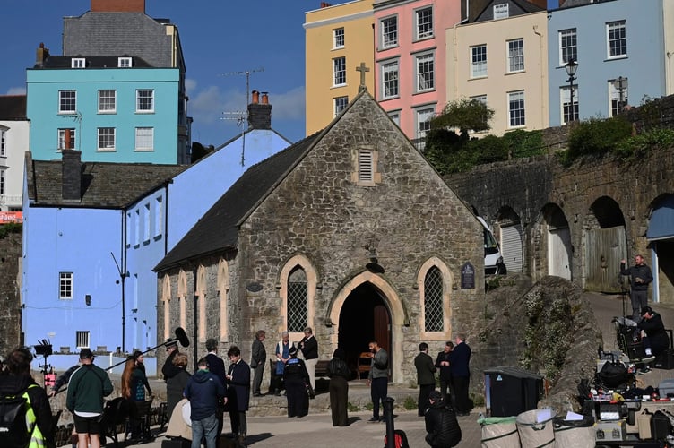 Filming for 'Old Town Murders' at Tenby harbour and St Julian's Church on Tuesday evening.