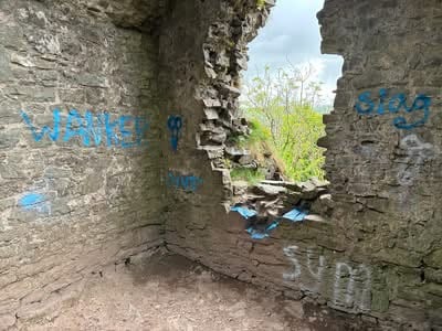 Llansteffan Castle with parts of the historic castell vandalised.