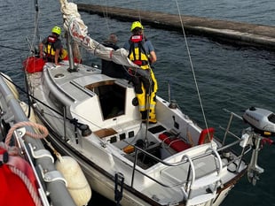 RNLI rescue yacht and kayaker in St Davids