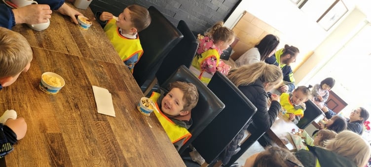 Saundersfoot Playgroup children enjoying ice-cream at the Tramway Café during their Sponsored Toddle