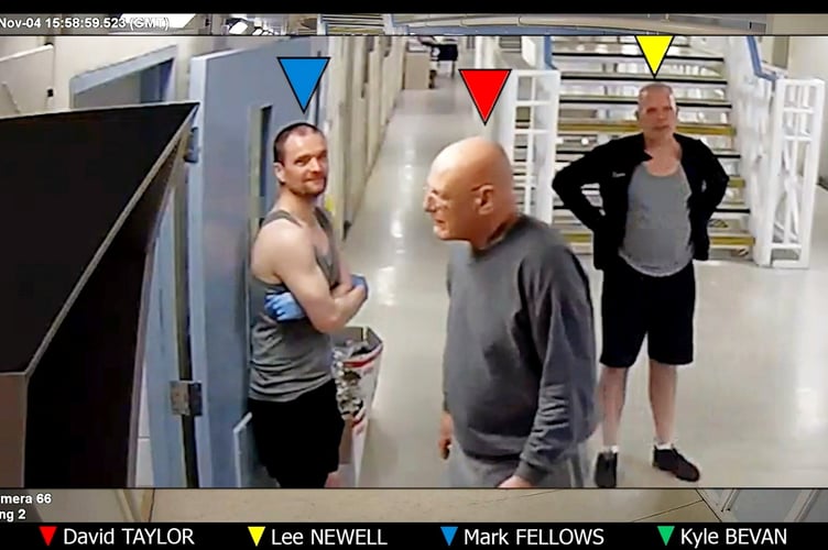 Lee Newell, 57, Mark Fellows, 47, and David Taylor, 64, are seen laughing and joking with each other before the attack.  //  This is the shocking moment three prisoners rush a child killer's cell where they murder him in cold blood.  CCTV footage shows Lee Newell, 57, Mark Fellows, 47, and David Taylor, 64, can be seen laughing and joking with each other around 4pm on November 4 2025, inside HMP Wakefield while they stalk their victim, Kyle Bevan, 33.  Then an hour and forty-five minutes later, they spot child murderer Bevan and casually follow him towards his cell on the fourth floor of the prison.  Bevan was serving a life sentence with a minimum tariff of 28 years for murdering his partners two-year-old daughter, Lola James, in Haverfordwest, Pembrokeshire, in 2020.  Chilling CCTV video then shows Newell stood outside his cell door before he rushes inside followed by Fellows and Taylor.  Taylor can been pulling an item from his waistband upon entry.  While inside the trio brutally attacked Bevan with makeshift weapons including a piece of metal taken from the back of a television and fashioned into a blade, a court heard.  Over a four minutes and 39 second period Bevan was stabbed more than 25 times to the neck, a crown court heard.  After they killed him the men positioned his body to make it look like he was asleep.  Bevan was not discovered until the following morning when prison staff were tipped off by an inmate.  Further injuries were caused with another weapon while evidence showed that his heart and blood vessels were damaged and that he died from blood loss, a court was told.  Yesterday (June 18), all three men were found guilty of murdering Bevan by jurors at Leeds Crown Court. 