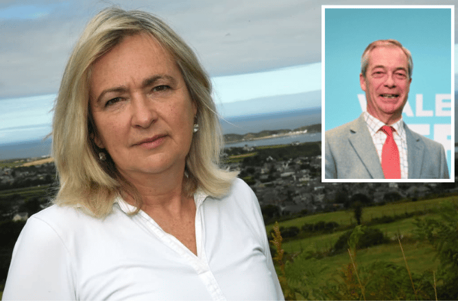 Liz Saville Roberts MP, main, and Nigel Farage, inset
