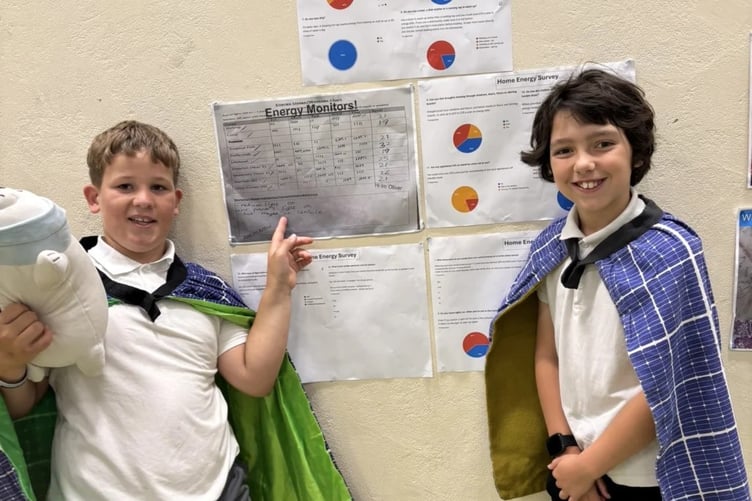 Two pupils from Year 5, Tenby CiW Primary School, wearing ‘PV panel capes’, with Home Energy surveys