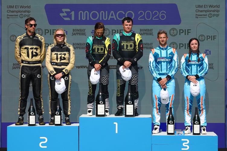 MONACO, MONACO - JULY 18: Race winners Tara Pacheco of Spain and Team Drogba Global Africa and Micah Wilkinson of New Zealand and Team Drogba Global Africa, Second placed Emma Kimilainen of Finland and Team Brady and Sam Coleman of Great Britain and Team Brady and Third placed Rianna O'Meara-Hunt of New Zealand and Team Miami powered by Magnus and Timmy Hansen of Sweden and Team Miami powered by Magnus celebrate on the podium during the E1 Series Monaco GP on July 18, 2026 in Monaco, Monaco. (Photo by Joe Portlock/Getty Images)