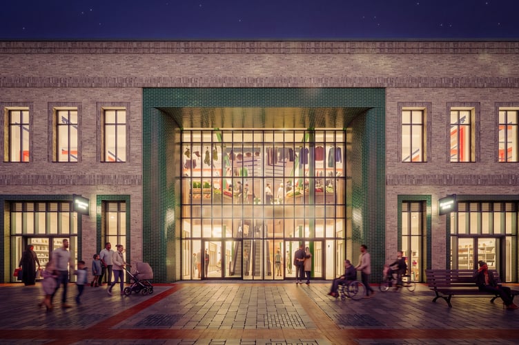 Night-time image of the proposed new indoor market in Llanelli (image supplied by Carmarthenshire Council and free for use for wire partners)
