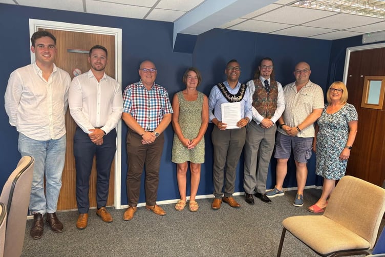 On July 17, Mayor Cllr Randell Thomas-Turner presented his 24-page strategic proposal for Haverfordwest to become the Welsh Government's national pilot for the suspension of business rates during the town's regeneration programme. Pictured with Henry Tufnell MP
Paul Davies - Ceredigion Penfro
Dai Clements – Conservative, Pembrokeshire County Council
Billy Shaw – Plaid Cymru
Pembrokeshire county council
(Representing plaid for MS)
Deputy Mayor Councillor Adam Benson-Davies Hedi Lewis
Representing Haverfordwest Business Circle
Ben Evans
Independent businesses Owner
