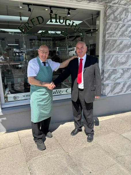 Cllr Thomas Tudor at Fred Hughes butchers, Haverfordwest
