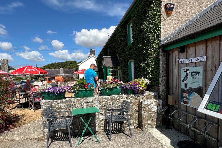 Bosherston Bistro - hygiene rating, Barti Rum, parasols, flowers, church