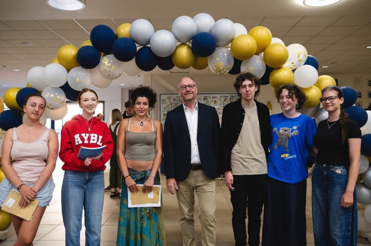 Deputy Minister for Skills and Tertiary Education, Cefin Campbell, congratulates Pembrokeshire College students on their A-Level achievements during his visit.