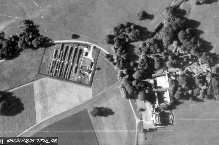 Enlarged aerial image from 1946 showing the Nissen huts at Dinefwr