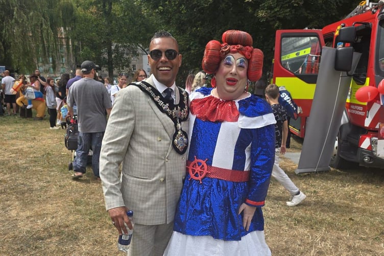 Mayor Randell with Vision Theatre pantomime dame, director Drew Baker- Haverfordwest Civic Week 2026