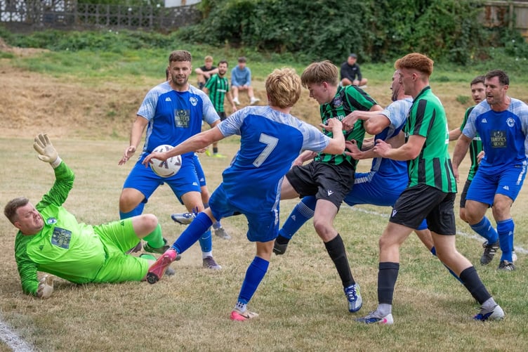 Goalmouth action from Hakin's 6-0 win against Narberth at Jesse Road on Tuesday
