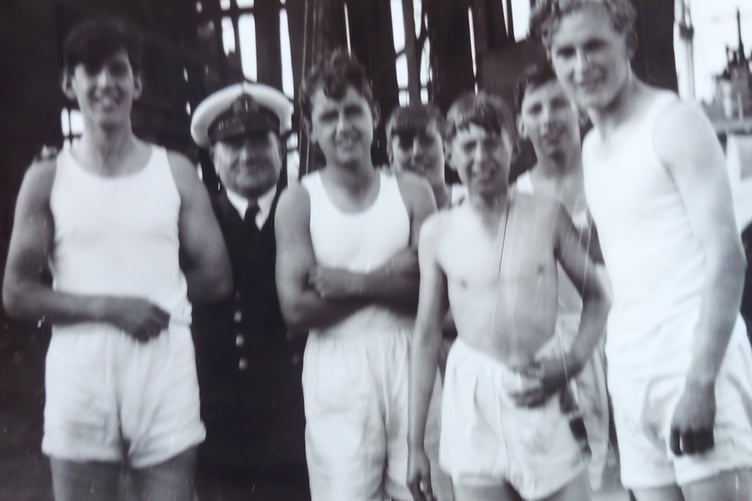 Caption: Cadets and Jeff: It is hoped that Huw Lewis (left) and Gareth Rees (right), two members of the Fishguard Sea Cadets crew of 1954, will be meeting up again after over seventy years at next week’s Moby Dick exhibition at Theatr Gwaun.